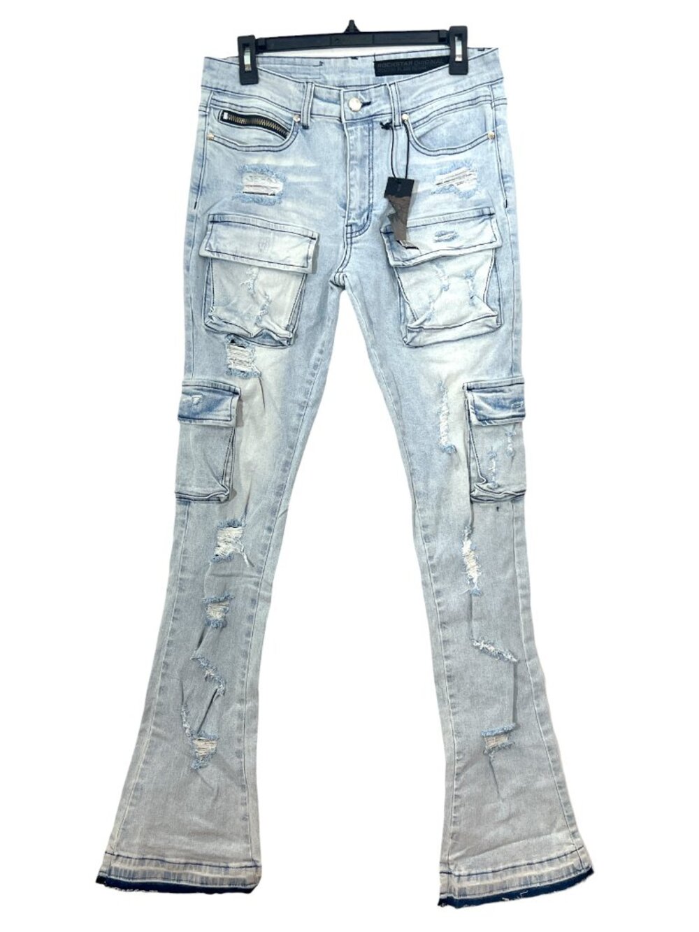 Rockstar Original Cargo Distressed Flare Jeans Size 32 New w/ Cut Tag